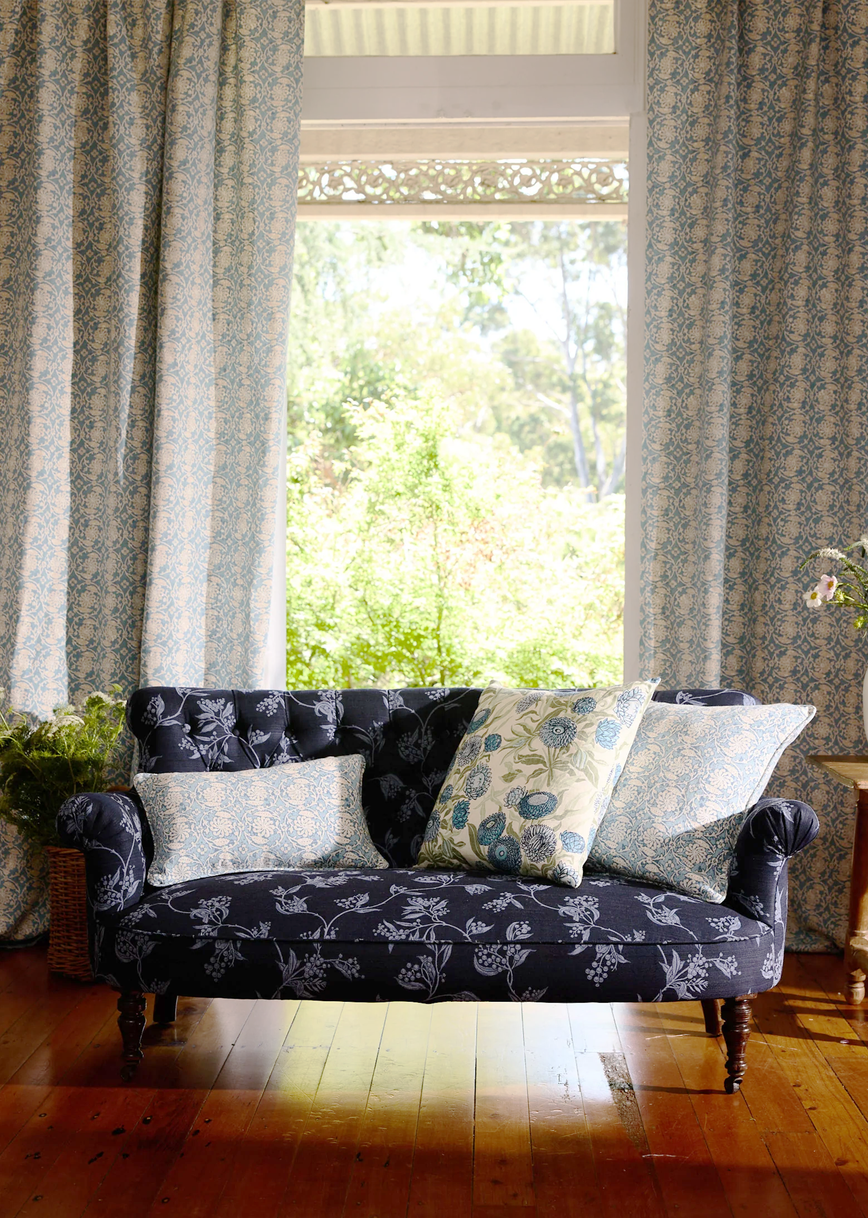 Antique Victorian Button-Back Settee - Wattle Blue Performance Fabric