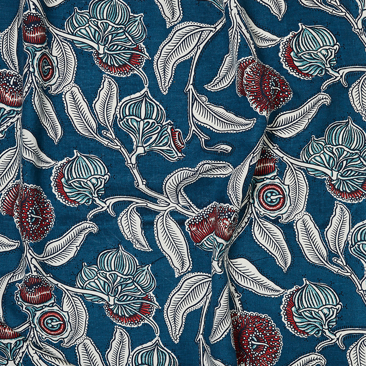 Utopia Goods Youngiana Indigo Linen Furnishing Fabric: deep blue linen with white botanical pattern featuring leaves and flowers