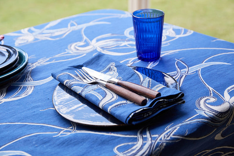 Native Orchid Blue Cotton Linen Tablecloth