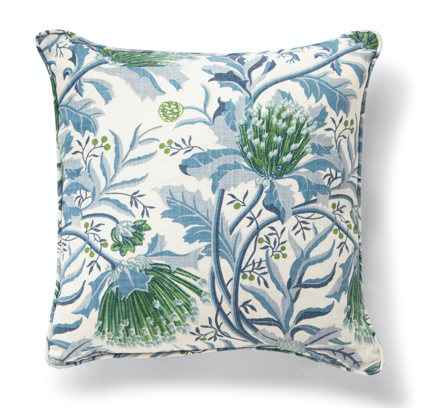 Utopia Goods: square throw pillow with blue and green floral pattern on cream background with piped edges